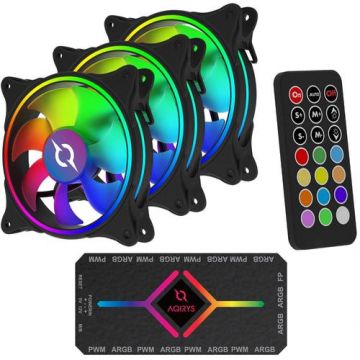 Kit 3 ventilatoare AQIRYS Vela, 120 mm, PWM, ARGB, controller wireless (Negru)