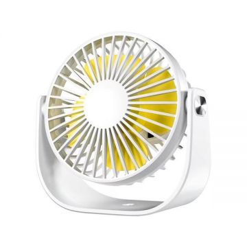 Mini ventilator penru birou, unghi reglabil, suport, incarcare Usb-C, Alb/Galben