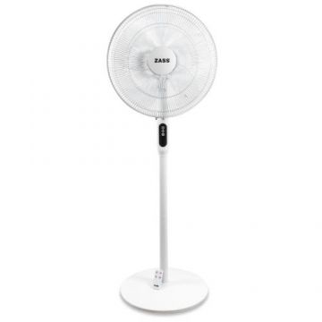 Ventilator cu picior Zass ZFTRA 1608, 55 W, 3 viteze, diametru 41 cm, functie de oscilatie 90 grade, lame transparente cu 5 aripi, 3 moduri de ventilare, temporizator digital, control soft touch cu ecran LED, telecomanda (Alb)