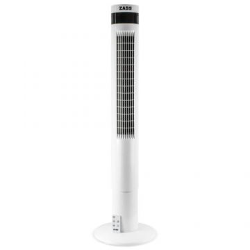 Ventilator turn Zass ZTF 02, 50 W, 3 viteze, inaltime 110 cm, unghi larg de oscilare stanga - dreapta, 3 moduri de ventilatie, temporizator digital de 12 ore, afisaj temperatura camera, ecran LED, telecomanda (Alb)