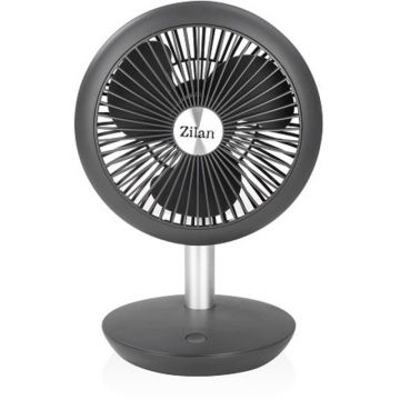 Ventilator Portabil cu Acumulator, 4 Viteze, Incarcare USB, Putere 5W, Diametru 18 cm, Zilan